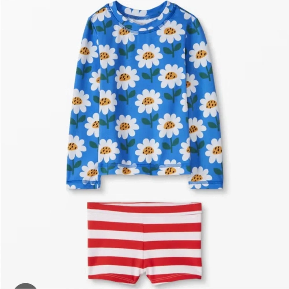 Daisy Floral Long Sleeve Rash guard in Equator Blue with Red Stripe Boy Shorts